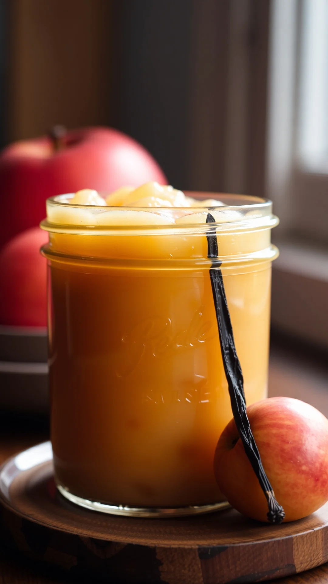 Close-up portrait of smooth homemade apple compote in a glass jar with vanilla bean, soft natural light, cozy kitchen backgro