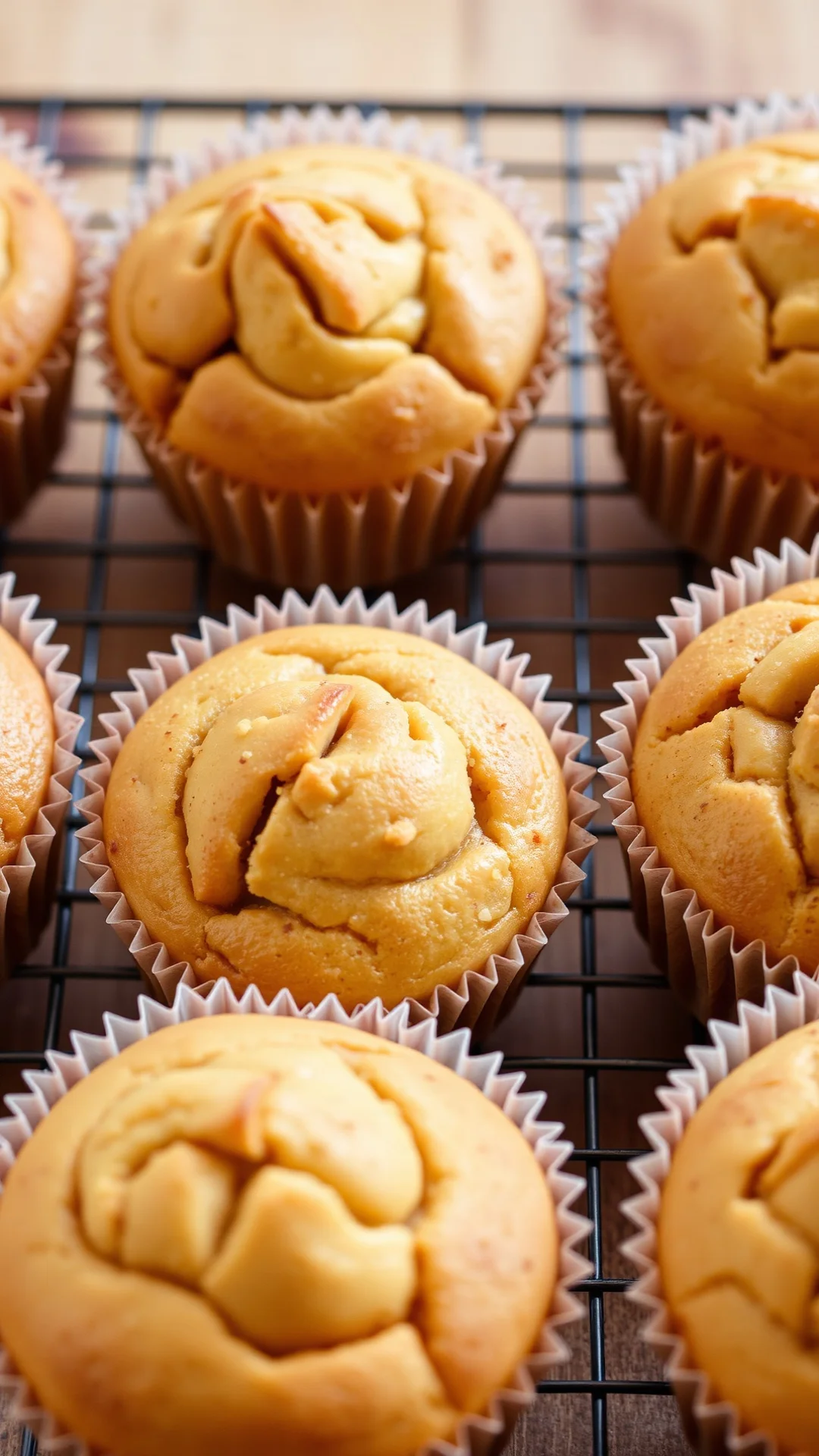 Close-up portrait of soft apple cinnamon muffins on a cooling rack, paper liners, golden tops, warm cozy bakery atmosphere, 9