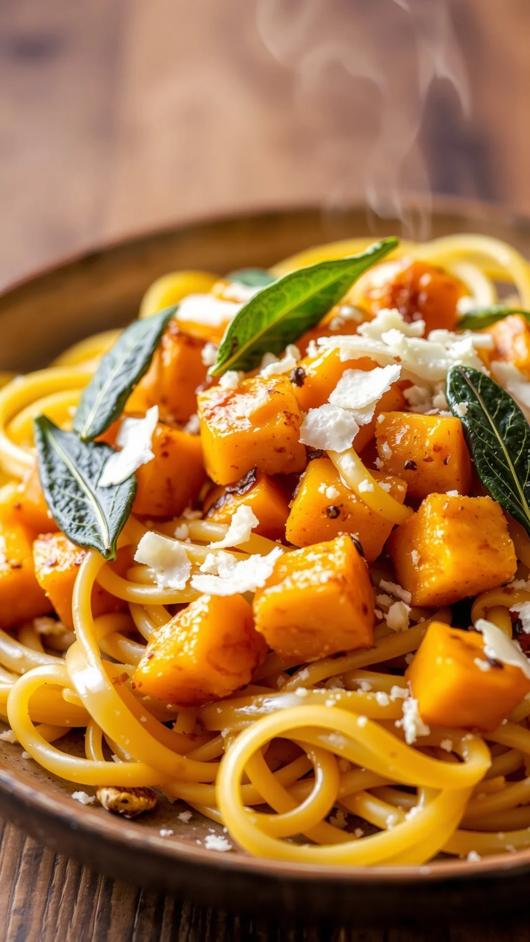 Close-up portrait of tagliatelle pasta with golden roasted butternut squash cubes and crispy sage leaves, drizzled with brown