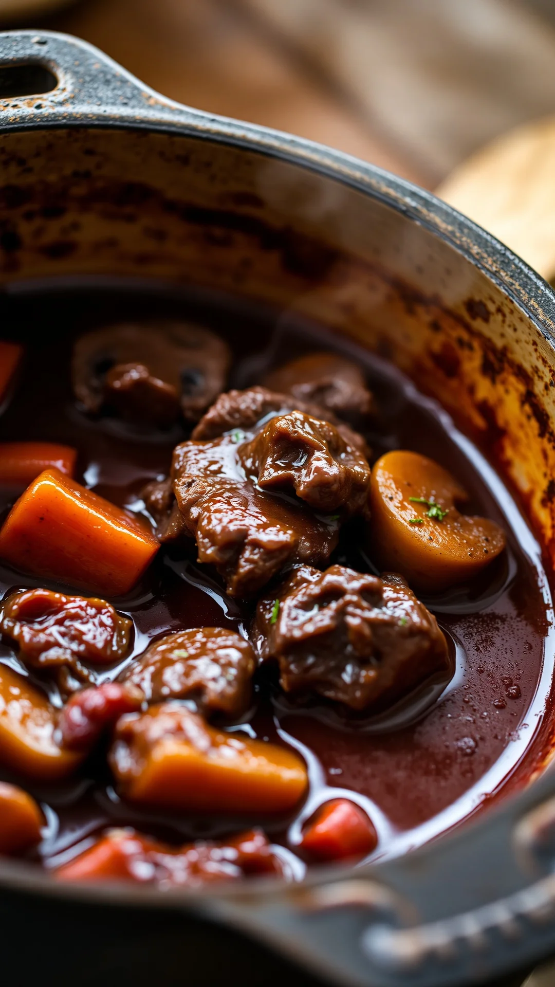 Close-up portrait of traditional French boeuf bourguignon in a rustic cast iron pot, rich dark red wine sauce, tender beef ch