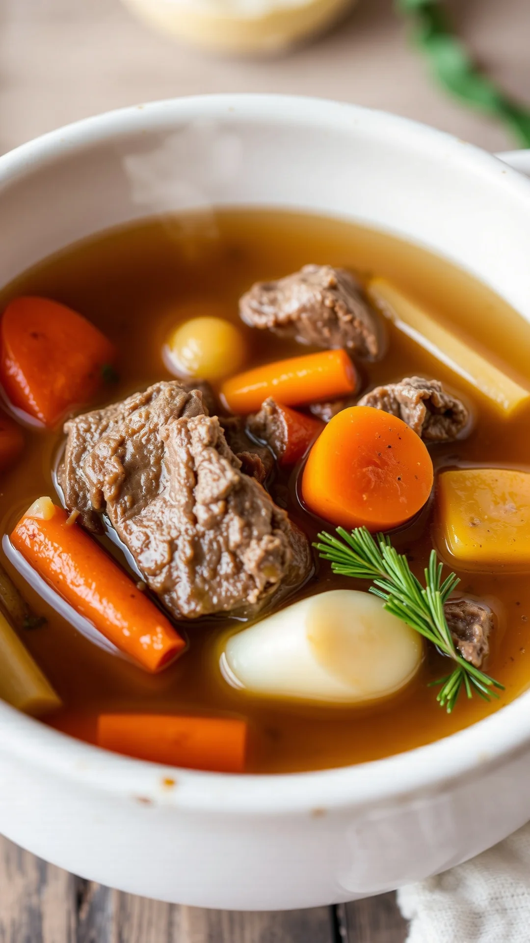 Close-up portrait of traditional French pot-au-feu with tender beef, colorful winter vegetables carrots leeks turnips in clea