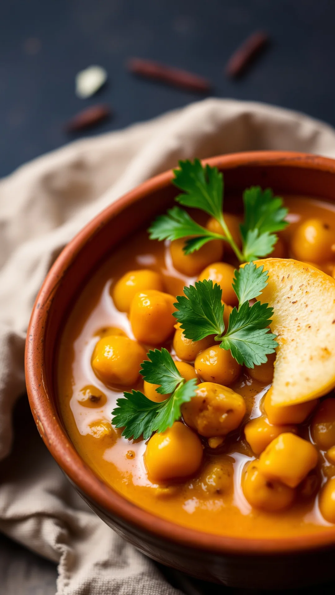 Close-up portrait of vibrant chickpea and apple autumn curry in a terracotta bowl, coconut milk sauce, fresh cilantro garnish
