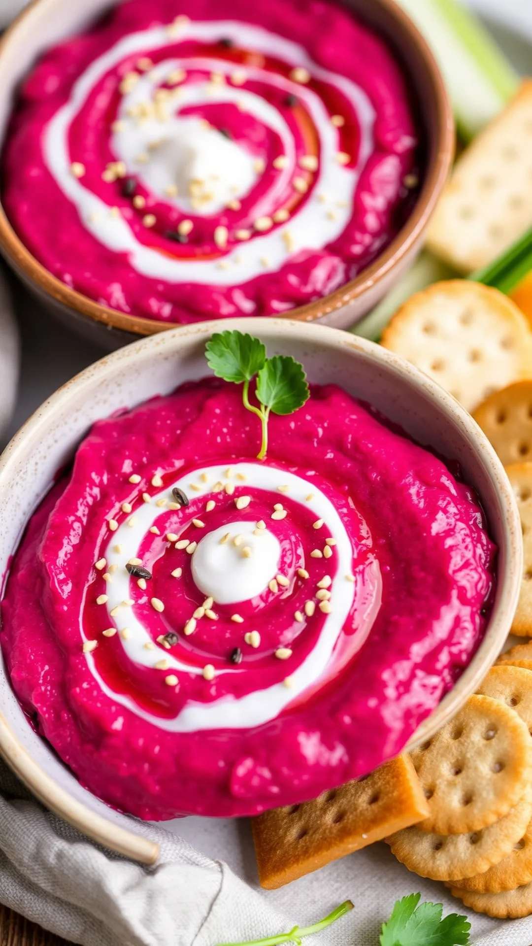Close-up portrait of vibrant pink beetroot dip in ceramic bowl, swirled yogurt top, sesame seeds, olive oil drizzle, crackers