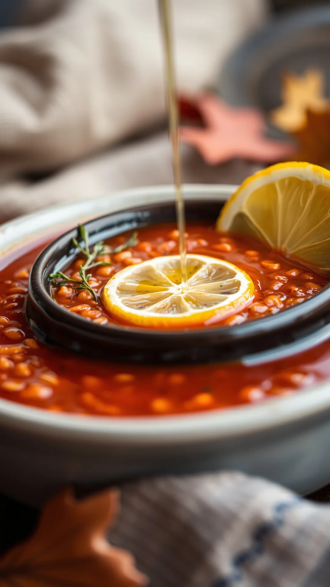 Close-up portrait of vibrant red lentil cumin soup in ceramic bowl, drizzle of olive oil, lemon slice, cozy autumn atmosphere