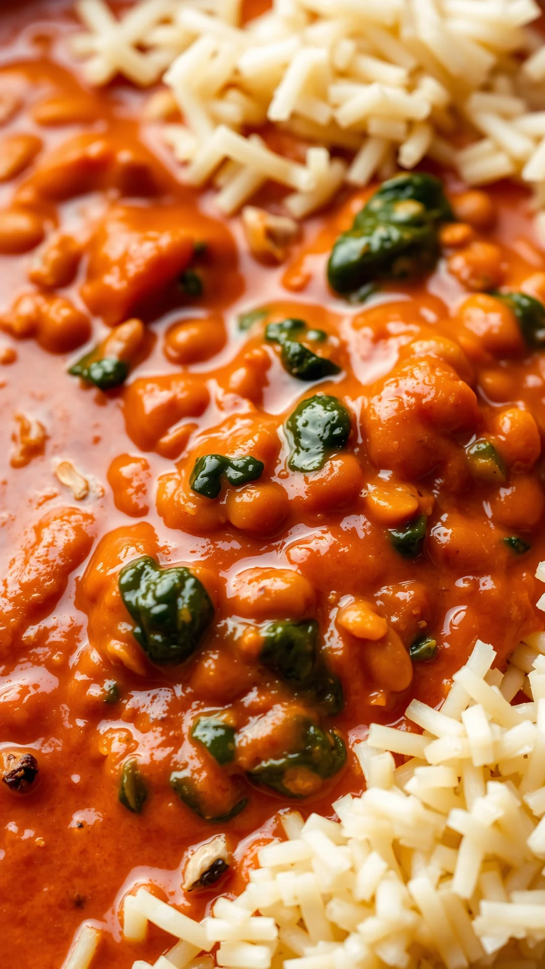 Close-up portrait of vibrant red lentil curry with coconut milk and spinach, served with basmati rice, spices scattered aroun