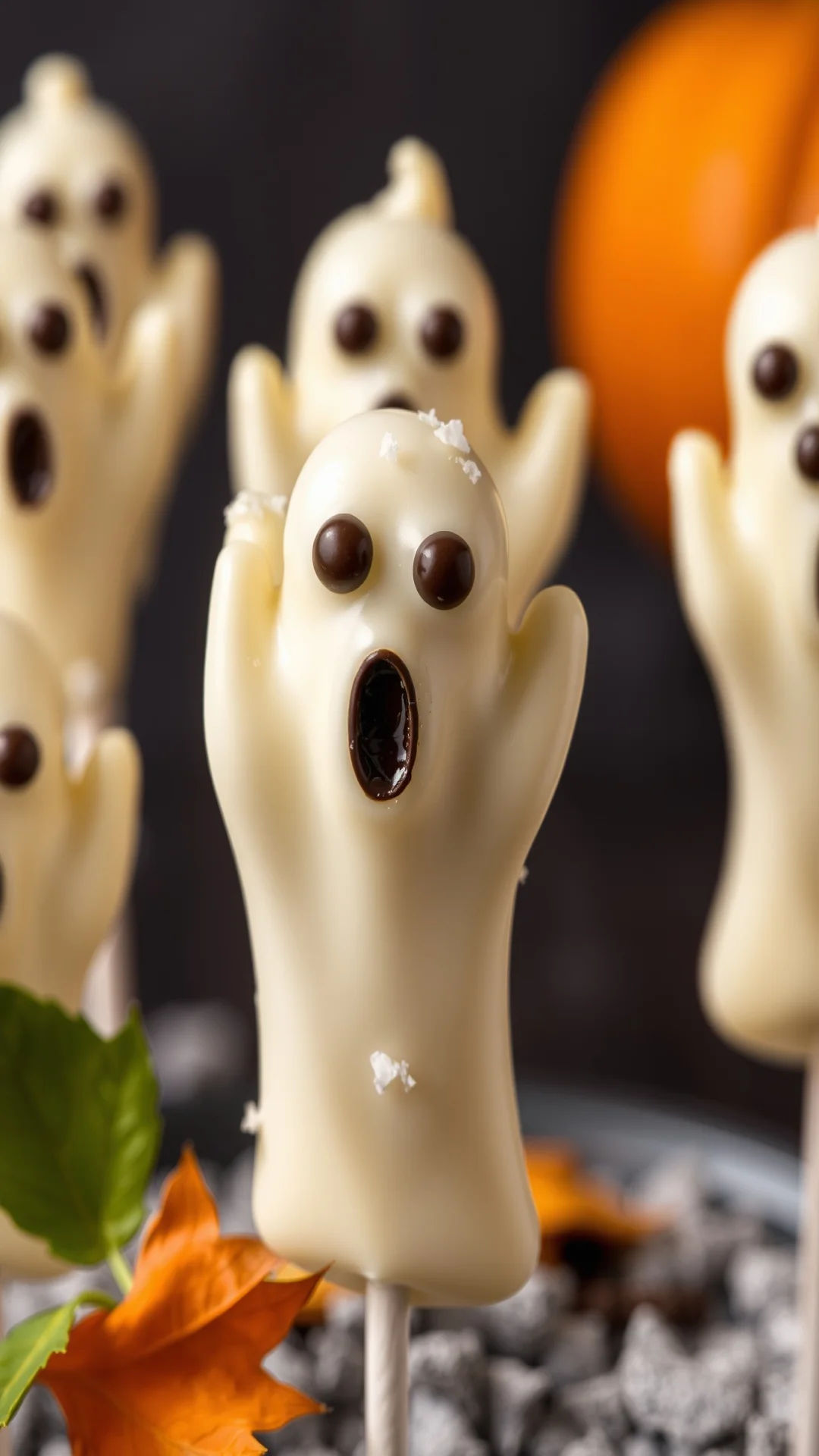 Close-up portrait of white chocolate ghost candy apples on sticks with coconut flakes, dark eyes, Halloween autumn theme, 9:1