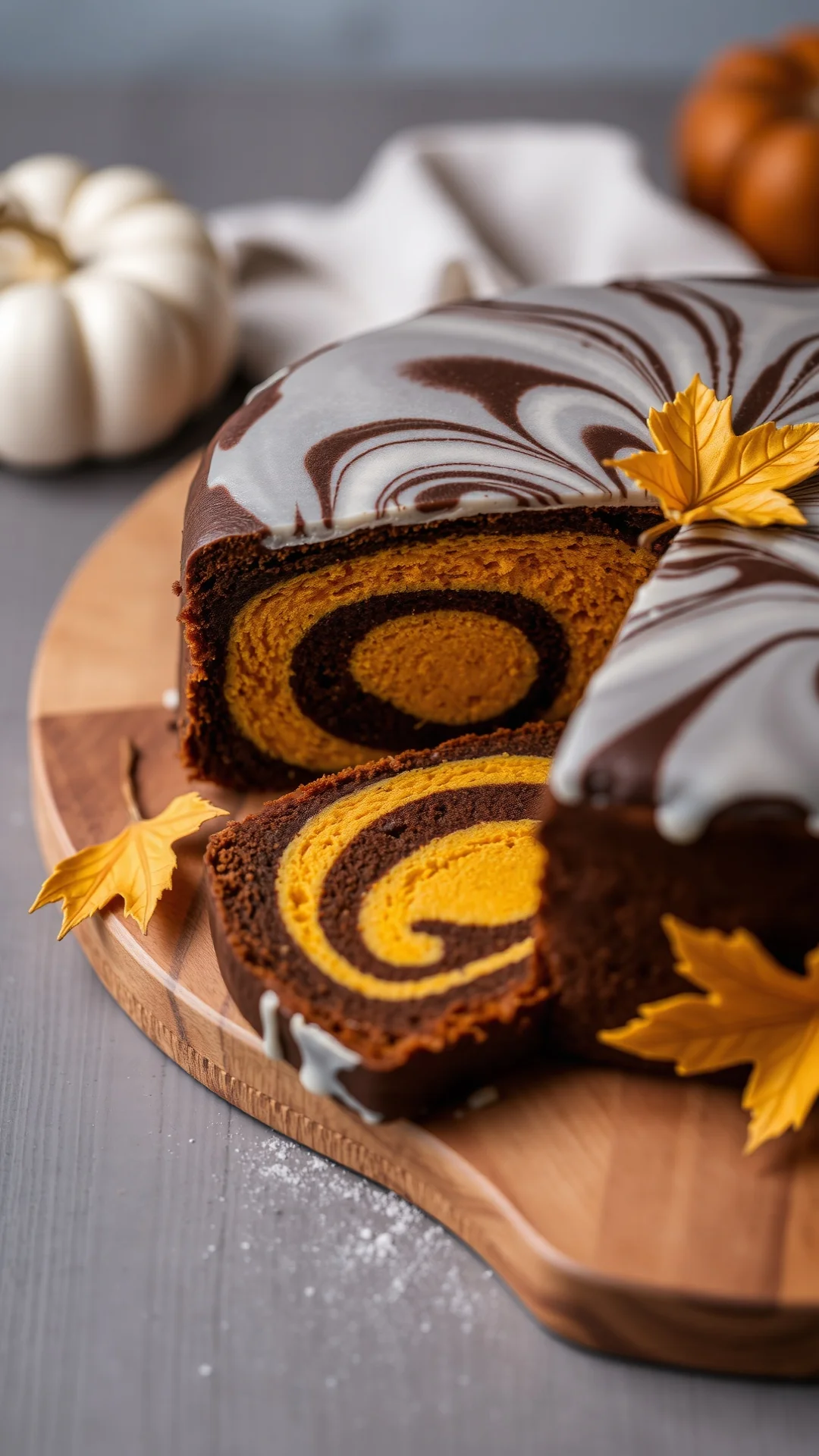 Close-up portrait of zebra pumpkin chocolate marble cake sliced on wooden board, golden orange swirls, autumn decoration, 9:1