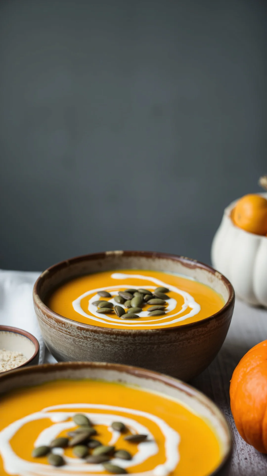 Close-up portrait shot of a creamy butternut squash soup with coconut milk, served in a rustic ceramic bowl, garnished with p