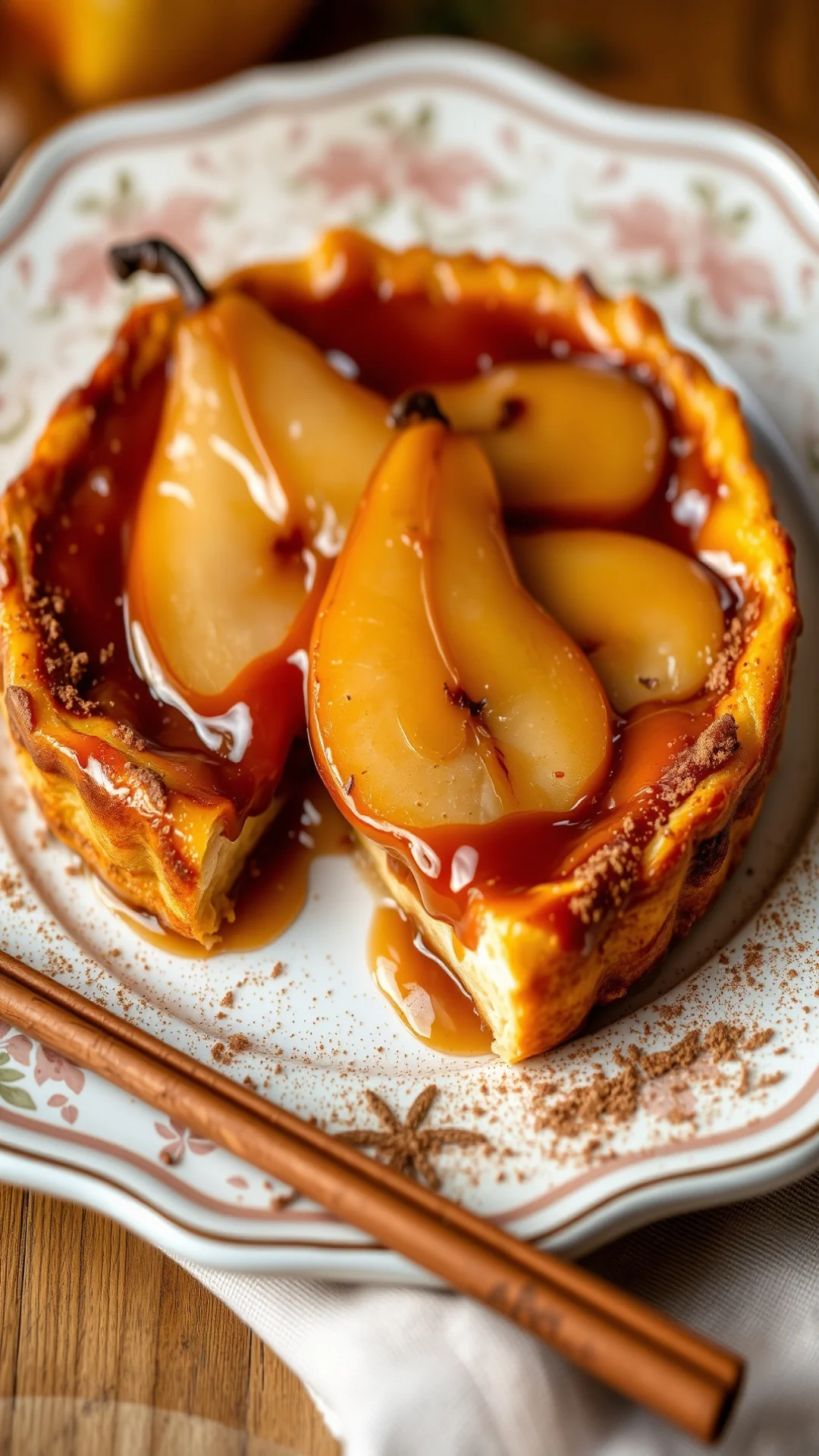 Close-up portrait shot of a glossy tarte tatin with caramelized golden pears and salted butter caramel, freshly flipped on a