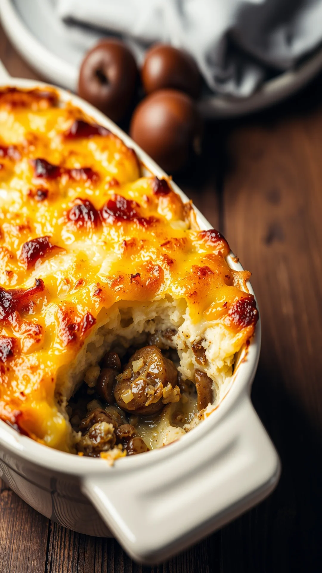 Close-up portrait shot of a golden bubbling gratin dauphinois with chestnuts, crispy cheesy top layer, served in a ceramic ba