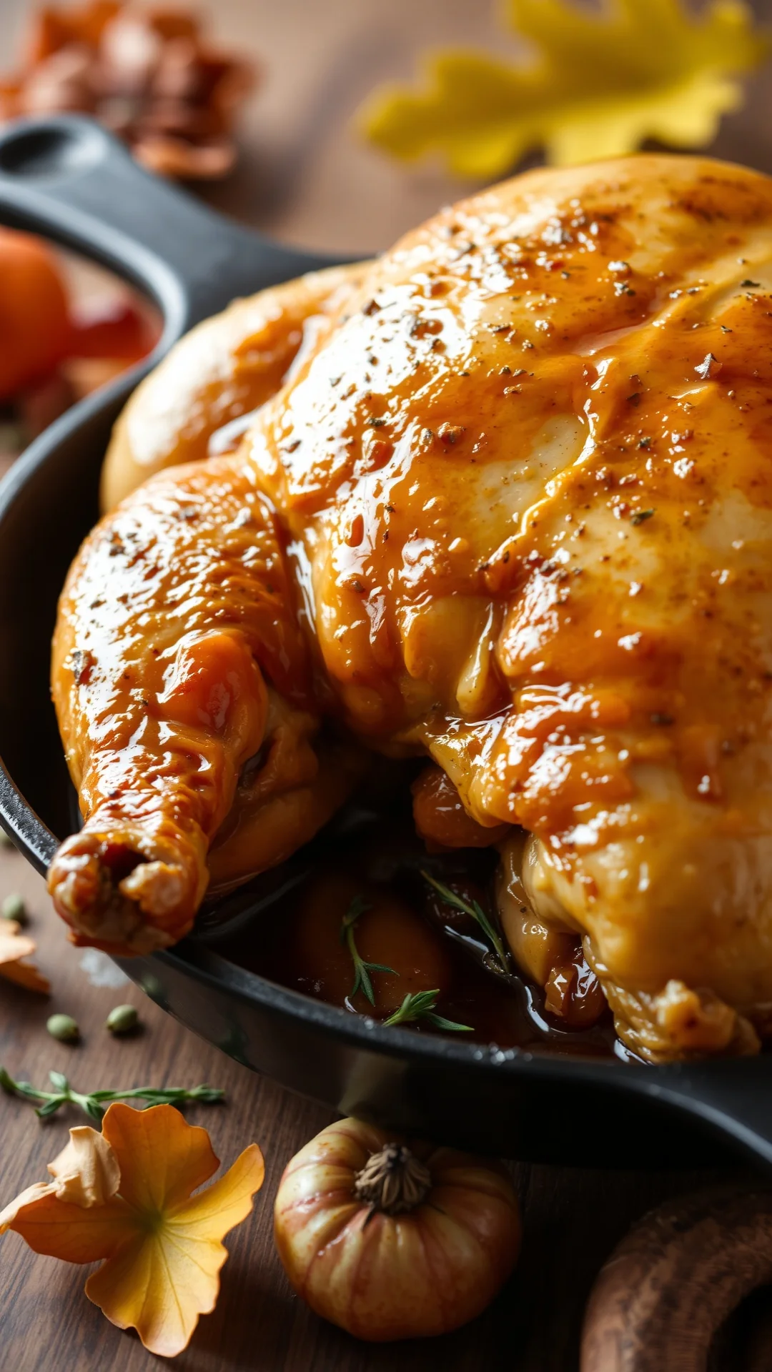 Close-up portrait shot of a golden roasted chicken with caramelized apples and cidre sauce in a rustic cast iron pan, herbs s