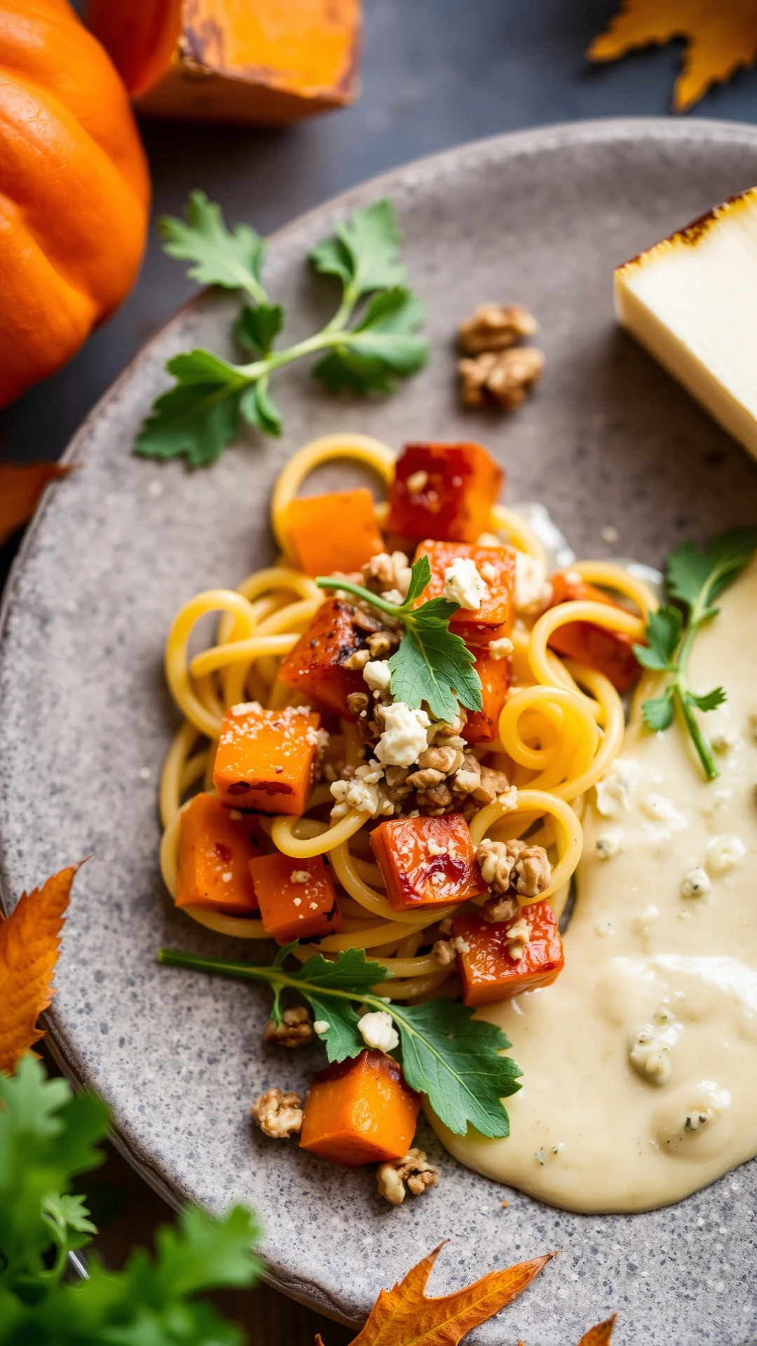 Close-up vertical photo of fusilli pasta with roasted red potimarron squash chunks, crushed walnuts, melted gorgonzola cheese