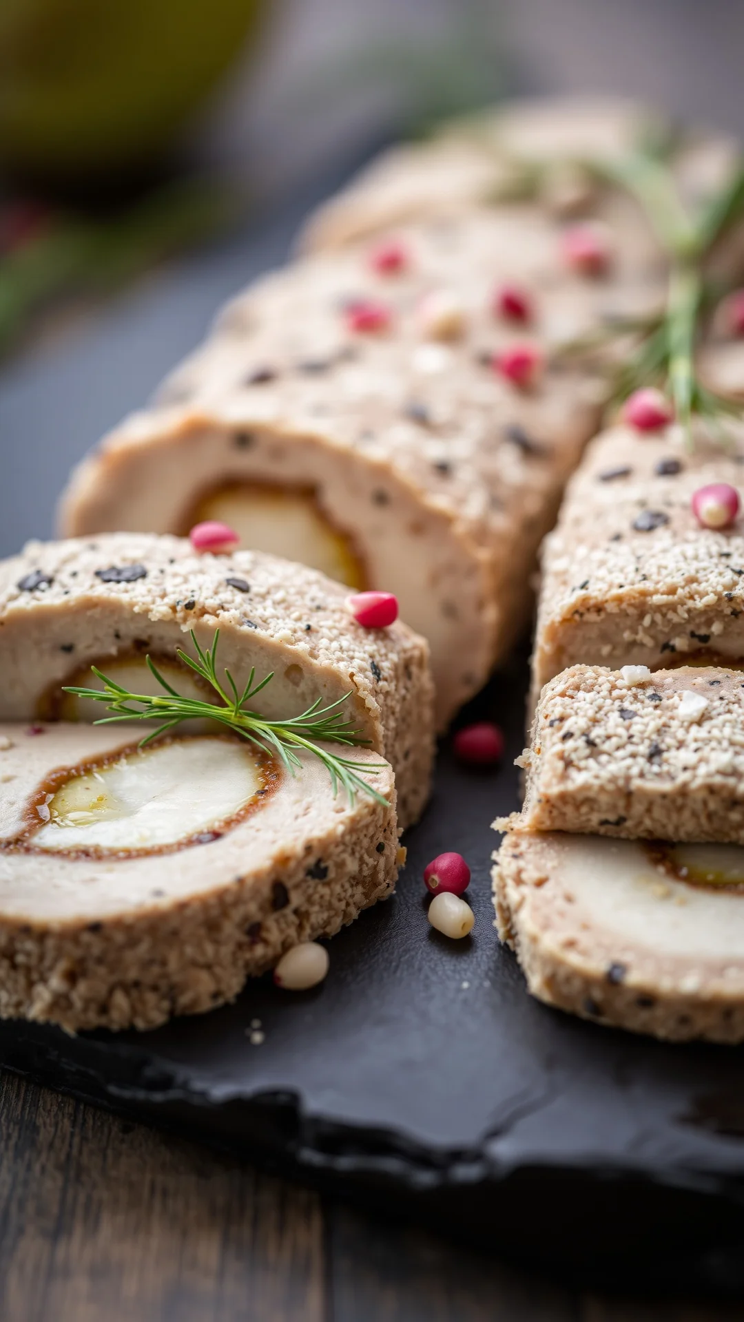 Elegant close-up of sliced celeriac and green apple terrine with pink peppercorns and fresh dill on slate plate, 9:16