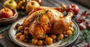 Golden roasted chicken with apples, raisins, and autumn herbs on rustic table, warm autumn lighting, fresh thyme garnish