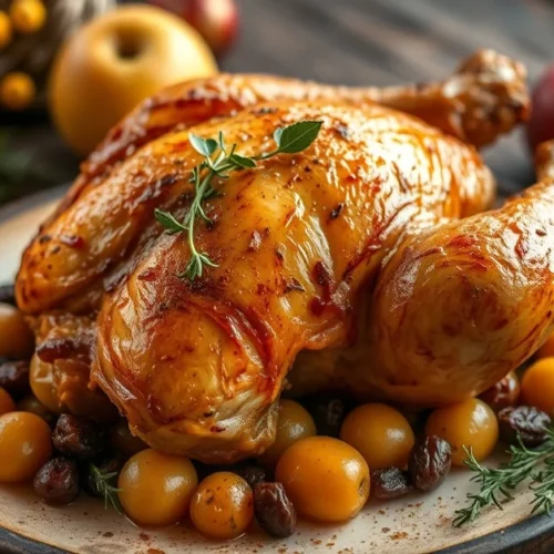 Golden roasted chicken with apples, raisins, and autumn herbs on rustic table, warm autumn lighting, fresh thyme garnish