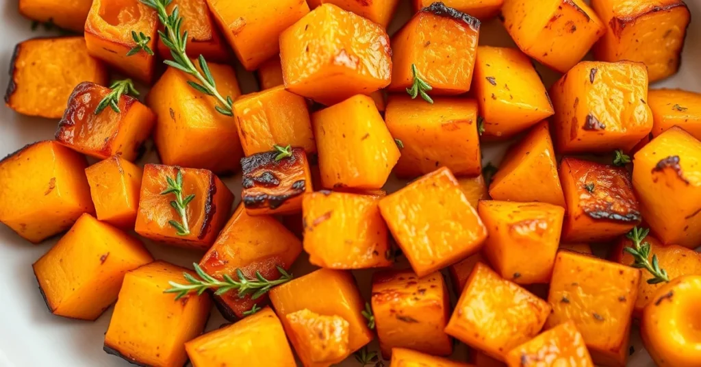 Golden roasted pumpkin cubes with crispy caramelized edges, fresh thyme garnish, autumn harvest style photography, warm natur
