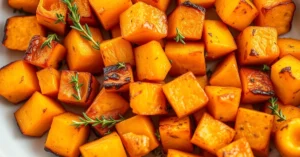 Golden roasted pumpkin cubes with crispy caramelized edges, fresh thyme garnish, autumn harvest style photography, warm natur