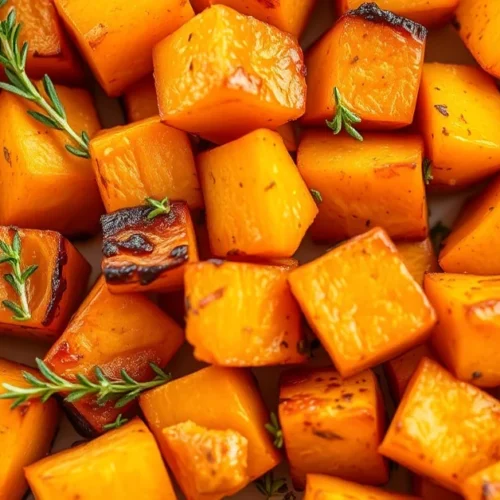 Golden roasted pumpkin cubes with crispy caramelized edges, fresh thyme garnish, autumn harvest style photography, warm natur