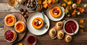 Overhead landscape food photo of elegant autumn aperitif spread with pumpkin verrines, goat cheese tartines, stuffed mushroom