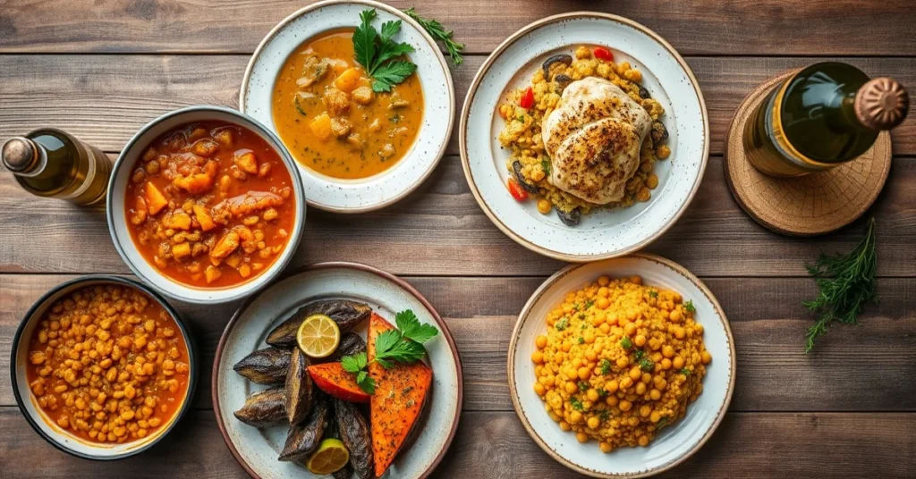 Overhead landscape food photo of five Mediterranean autumn dishes arranged on a rustic wooden table, lentil soup, chicken taj