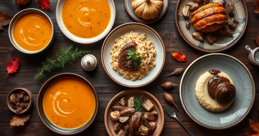 Overhead landscape food photography of autumn winter gourmet dishes spread on rustic table, pumpkin soup duck mushroom risott