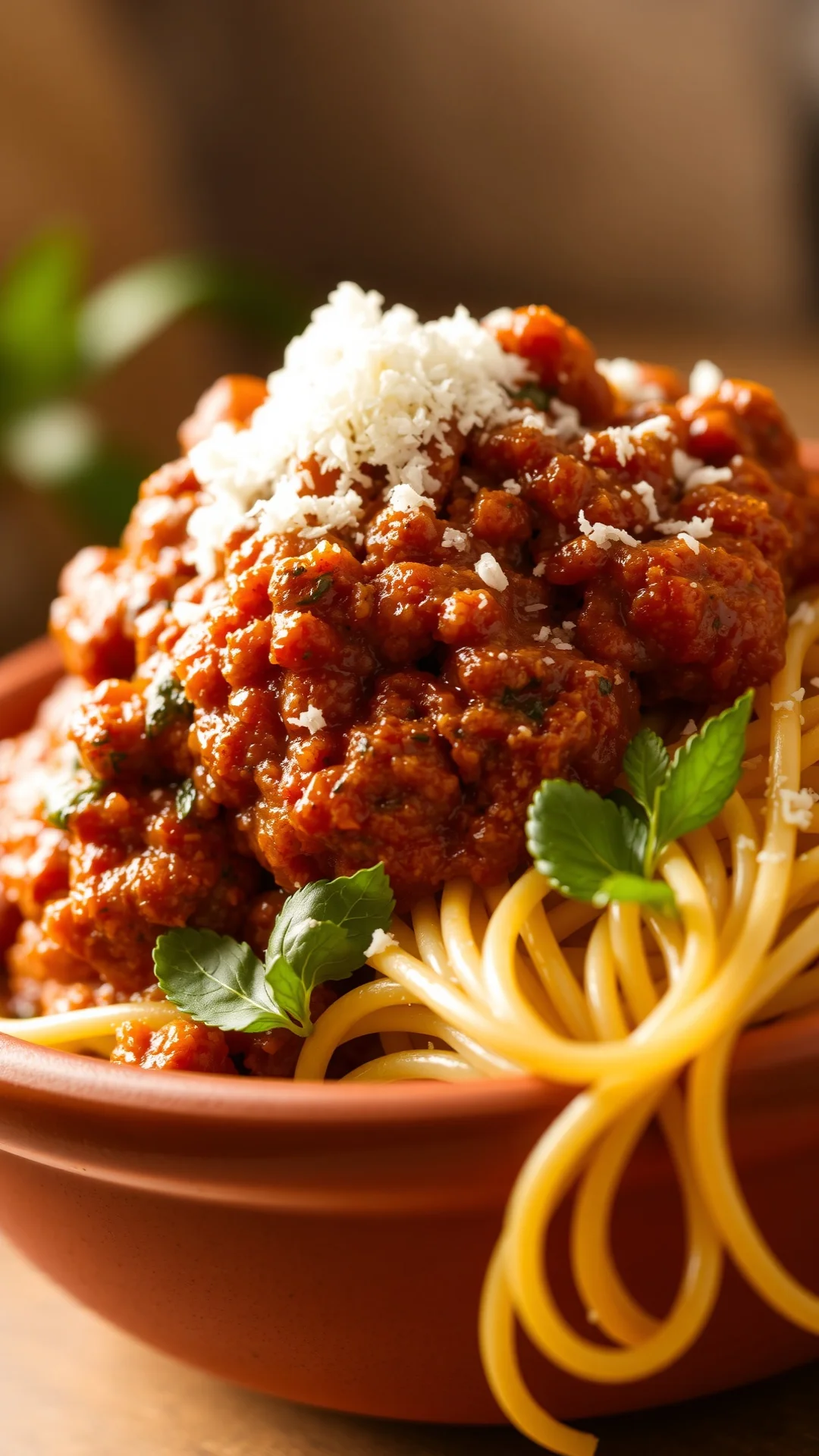 Portrait close-up of spaghetti bolognese with rich autumn herb tomato meat sauce, freshly grated parmesan on top, rustic terr