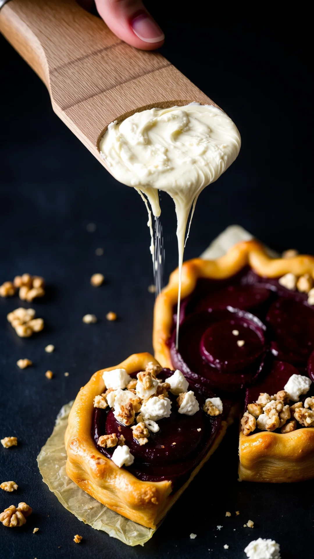 Portrait shot of elegant beetroot tarte tatin freshly unmolded, creamy goat cheese crumbles, crushed walnuts, caramelized gla