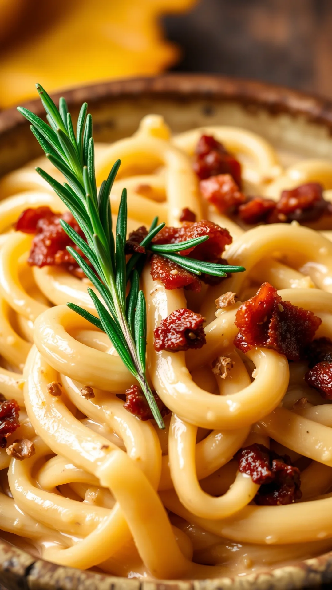 Portrait shot of penne pasta in smooth chestnut cream sauce topped with crispy smoky bacon lardons and fresh rosemary sprig,