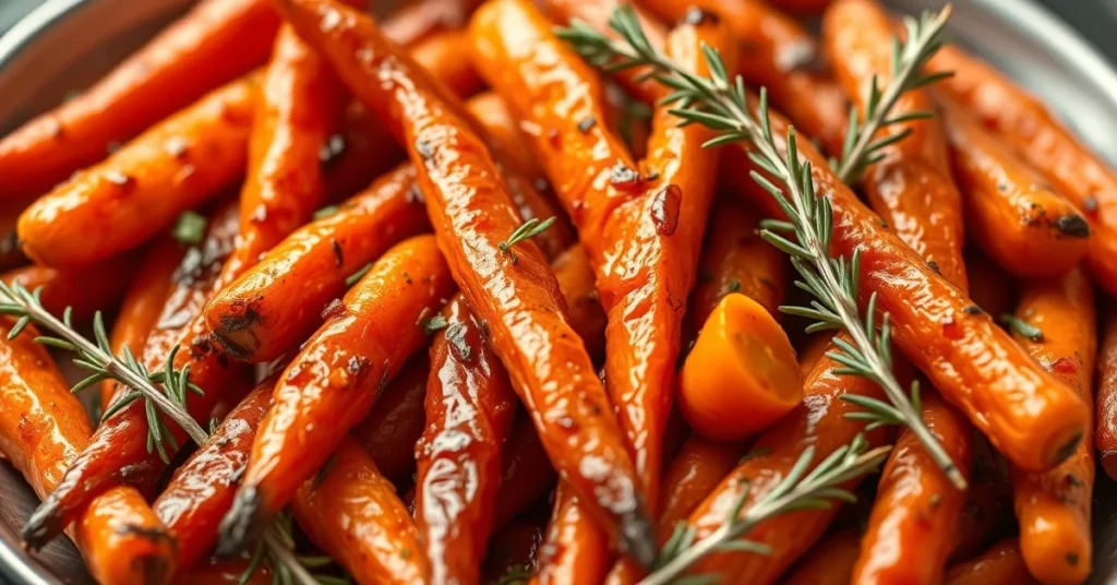 Roasted autumn carrots in golden brown color, glazed with honey and herbs, fresh thyme and rosemary garnish, warm inviting au