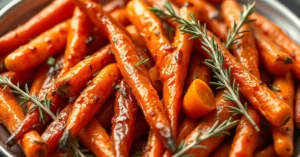 Roasted autumn carrots in golden brown color, glazed with honey and herbs, fresh thyme and rosemary garnish, warm inviting au
