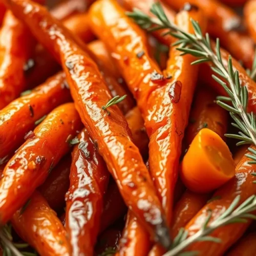 Roasted autumn carrots in golden brown color, glazed with honey and herbs, fresh thyme and rosemary garnish, warm inviting au