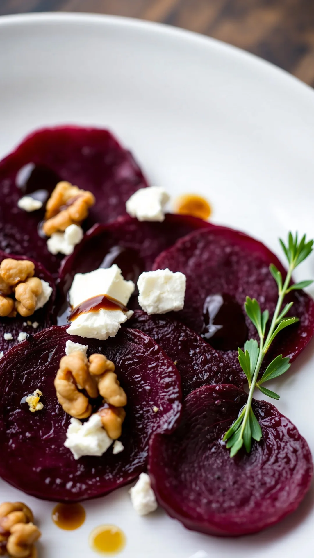 Stunning close-up of thinly sliced beet carpaccio with crumbled goat cheese, walnut halves and balsamic glaze on white plate,