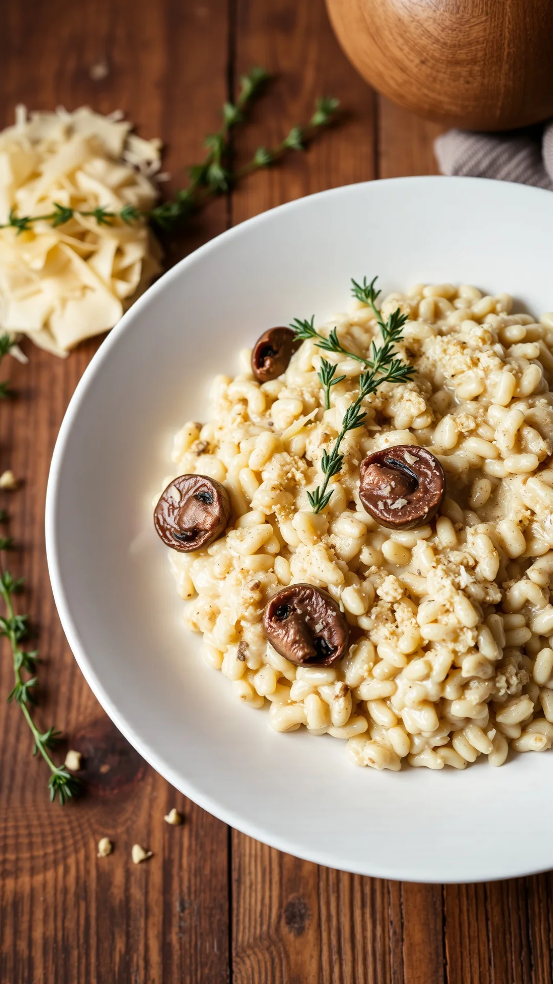 Vertical close-up of creamy wild mushroom risotto in a white deep plate, golden parmesan shavings, fresh thyme sprigs, rustic