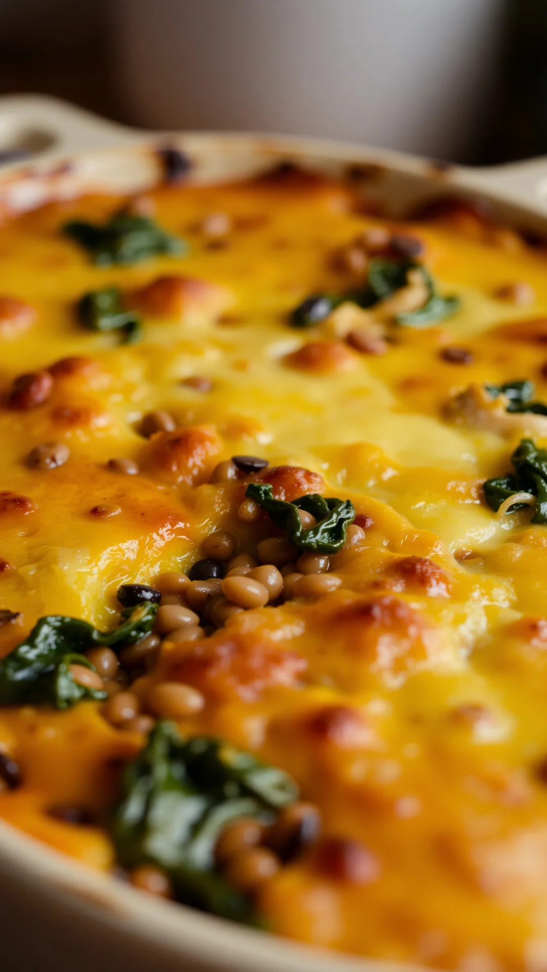 Vertical close-up of golden butternut squash gratin with lentils and spinach, bubbling melted gruyere cheese crust, rustic ba