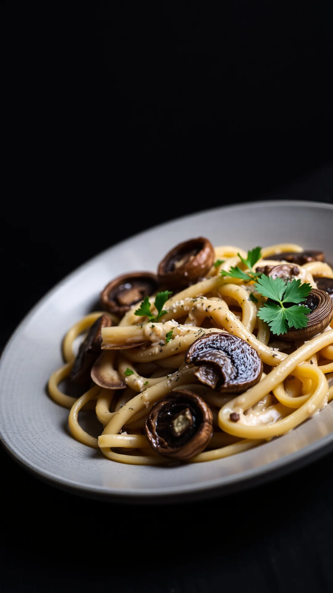Vertical close-up of rigatoni pasta with wild mushrooms girolles and porcini in creamy truffle sauce, fresh parsley garnish,