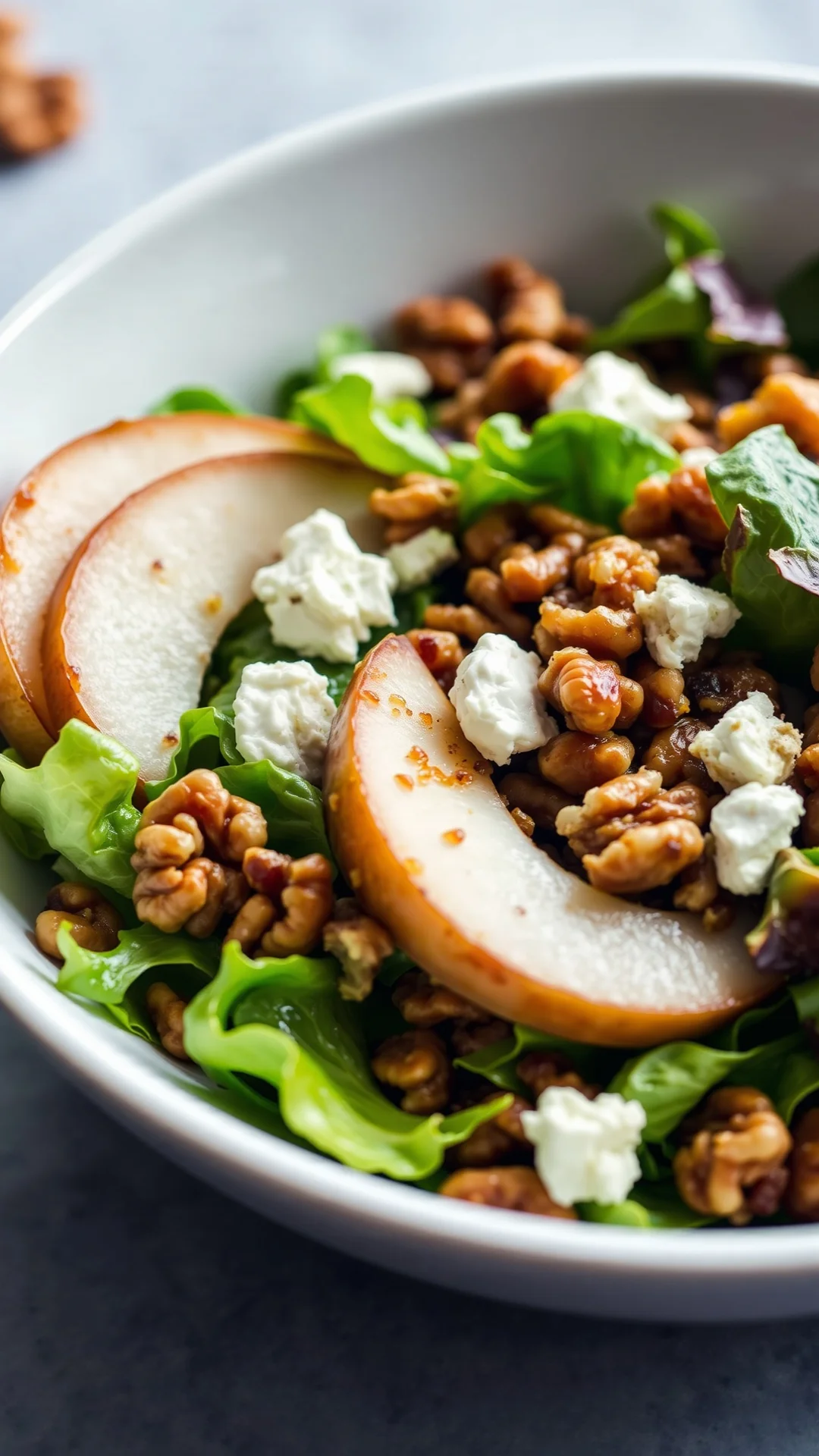 Vibrant close-up of lamb's lettuce salad with sliced pear, crumbled roquefort and caramelized walnuts in a white bowl, autumn